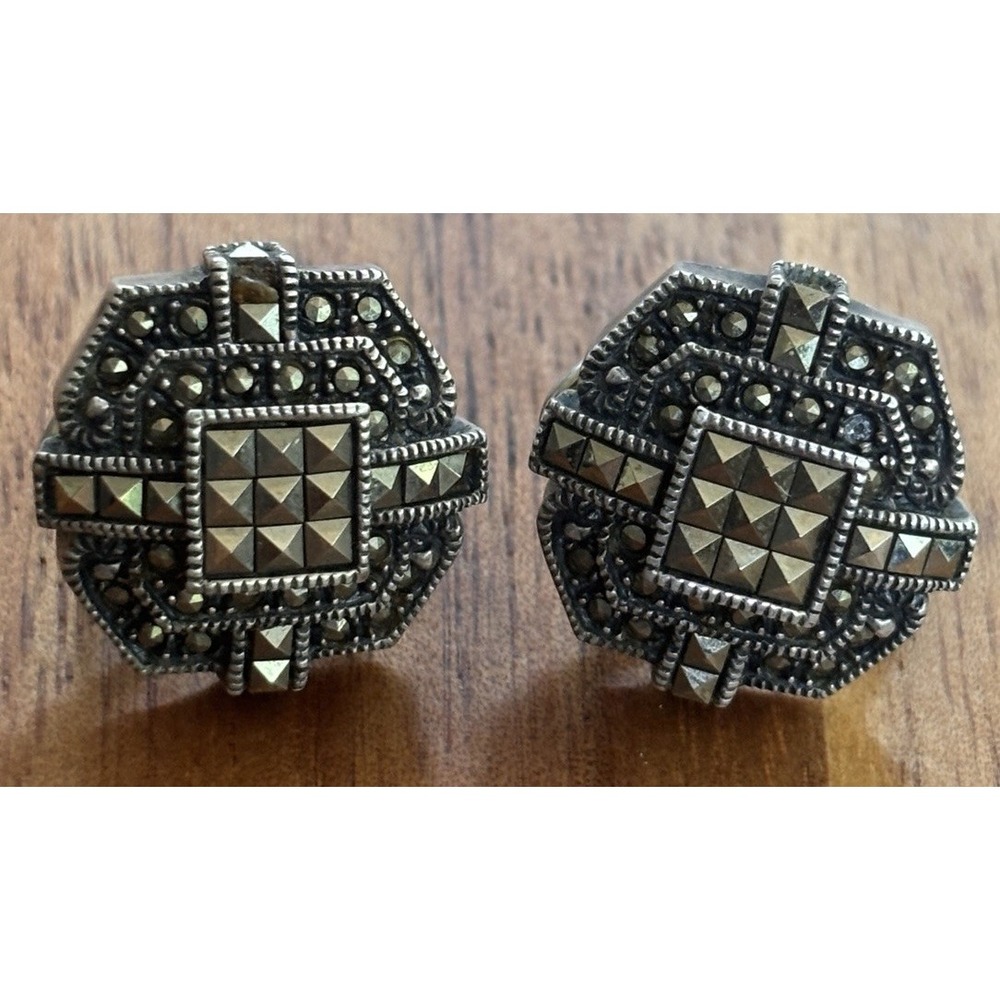 Judith Jack Sterling Silver & Marcasite Square Earrings Omega Back 9.5 Grams